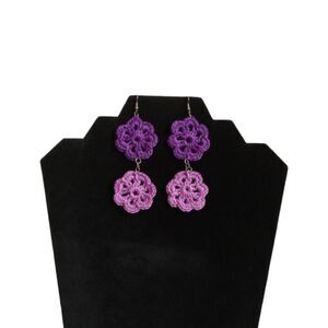 Shades of Purple Handmade Double Flower Embroidery Floss Crochet Dangle Earrings